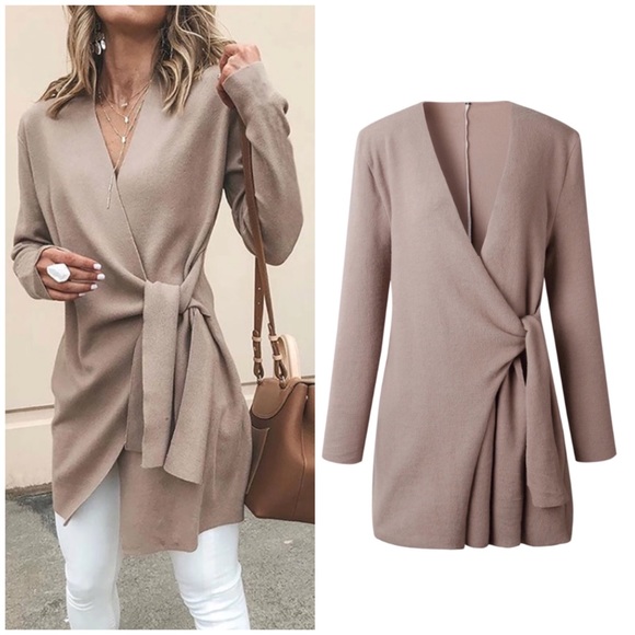 Sweaters - Fleece Tied Front Wrap Long Sleeve Sweater